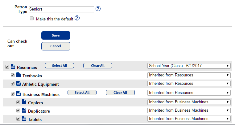 Add Patron Type page showing fields available for edit.